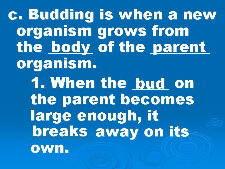 c. Budding is when a new organism grows from the ______ parent body of