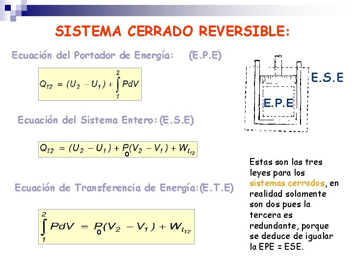 SISTEMA CERRADO REVERSIBLE: Ecuación del Portador de Energía: (E. P. E) E. S. E