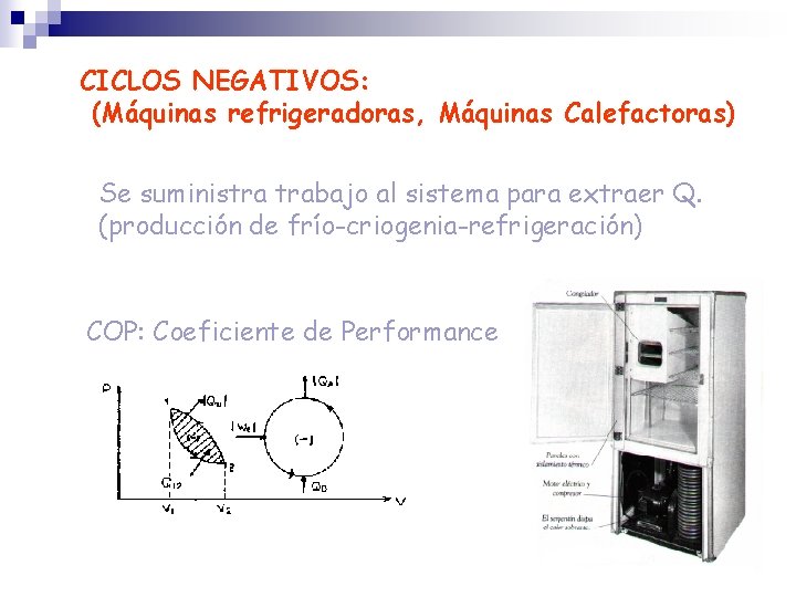 CICLOS NEGATIVOS: (Máquinas refrigeradoras, Máquinas Calefactoras) Se suministra trabajo al sistema para extraer Q.
