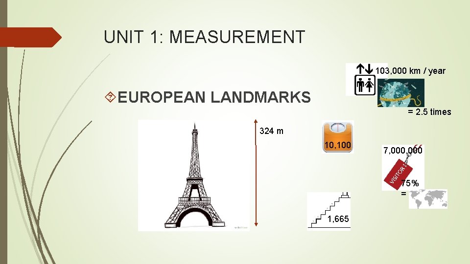 UNIT 1: MEASUREMENT 103, 000 km / year EUROPEAN LANDMARKS = 2. 5 times UNIT 1: MEASUREMENT 103, 000 km / year EUROPEAN LANDMARKS = 2. 5 times