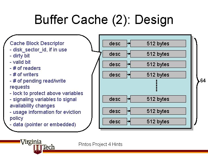 Buffer Cache (2): Design Cache Block Descriptor - disk_sector_id, if in use - dirty