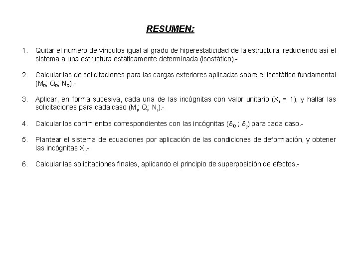 RESUMEN: 1. Quitar el numero de vínculos igual al grado de hiperestaticidad de la