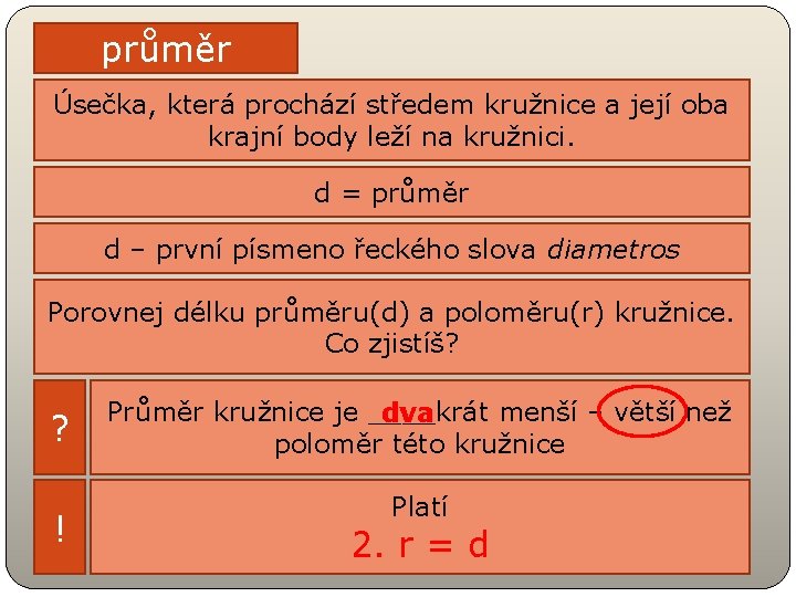 průměr Úsečka, která prochází středem kružnice a její oba krajní body leží na kružnici.