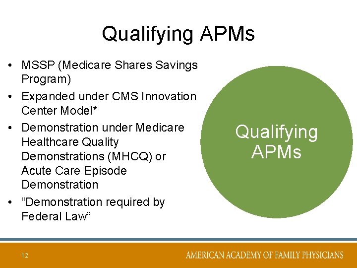 Qualifying APMs • MSSP (Medicare Shares Savings Program) • Expanded under CMS Innovation Center