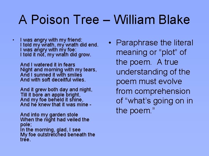 A Poison Tree – William Blake • I was angry with my friend: I