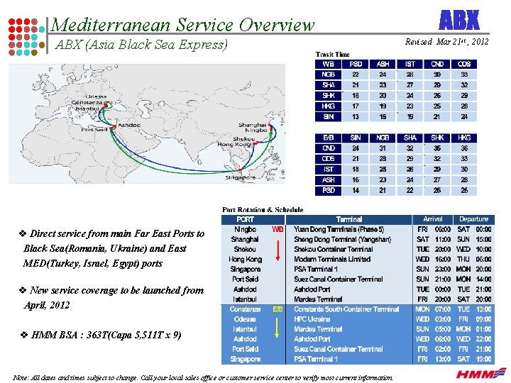 Mediterranean Service Overview ABX (Asia Black Sea Express) v Direct service from main Far