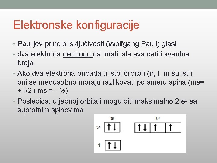 Elektronske konfiguracije • Paulijev princip isključivosti (Wolfgang Pauli) glasi • dva elektrona ne mogu