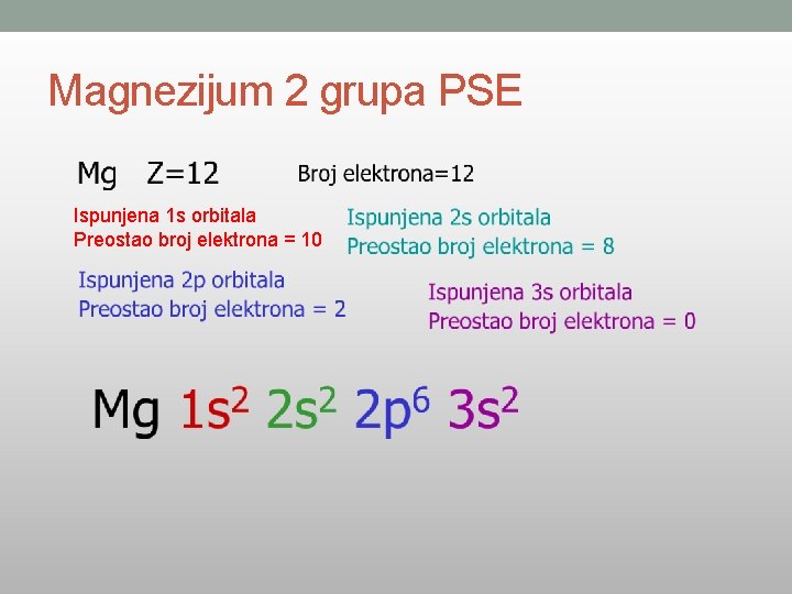 Magnezijum 2 grupa PSE Ispunjena 1 s orbitala Preostao broj elektrona = 10 