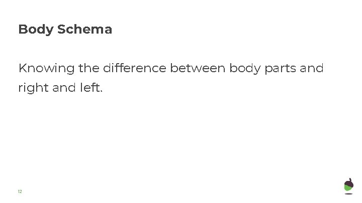 Body Schema Knowing the difference between body parts and right and left. 12 Body Schema Knowing the difference between body parts and right and left. 12