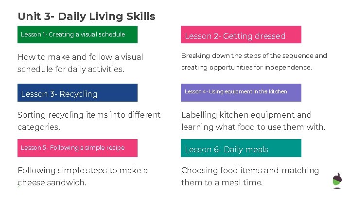 Unit 3 - Daily Living Skills Lesson 1 - Creating a visual schedule Lesson Unit 3 - Daily Living Skills Lesson 1 - Creating a visual schedule Lesson