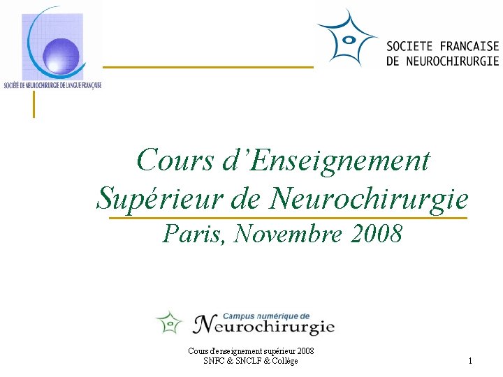 Cours d’Enseignement Supérieur de Neurochirurgie Paris, Novembre 2008 Cours d'enseignement supérieur 2008 SNFC &