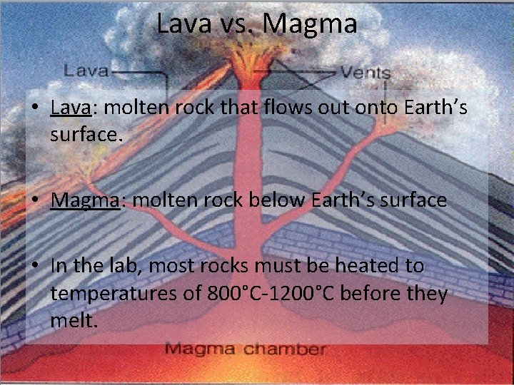 Lava vs. Magma • Lava: molten rock that flows out onto Earth’s surface. •