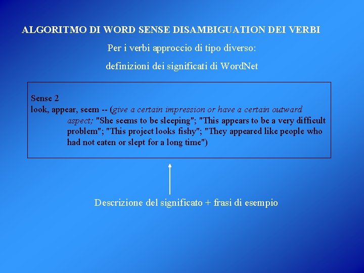 ALGORITMO DI WORD SENSE DISAMBIGUATION DEI VERBI Per i verbi approccio di tipo diverso: