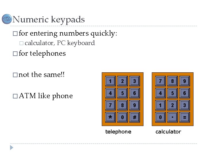 Numeric keypads � for entering numbers quickly: � calculator, PC keyboard � for telephones