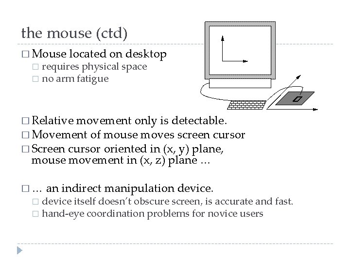 the mouse (ctd) � Mouse located on desktop requires physical space � no arm