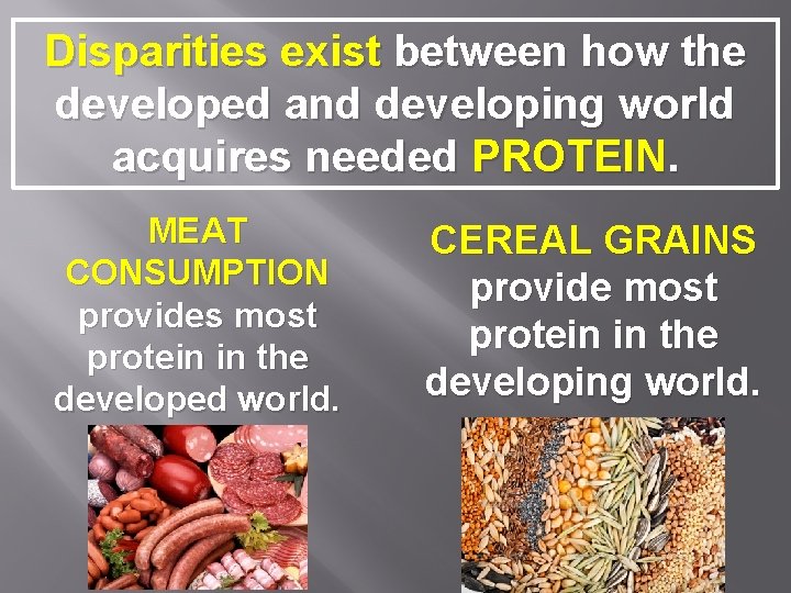 Disparities exist between how the developed and developing world acquires needed PROTEIN. MEAT CONSUMPTION