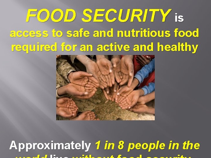 FOOD SECURITY is access to safe and nutritious food required for an active and