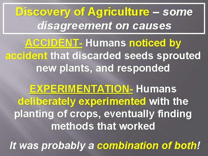 Discovery of Agriculture – some disagreement on causes ACCIDENT- Humans noticed by accident that