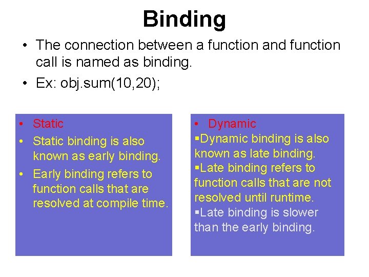 Binding • The connection between a function and function call is named as binding.