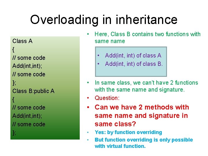 Overloading in inheritance Class A { // some code Add(int, int); // some code