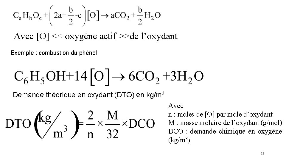 Avec [O] << oxygène actif >>de l’oxydant Exemple : combustion du phénol Demande théorique