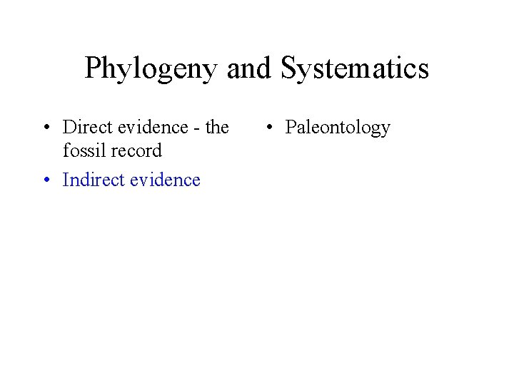 Phylogeny and Systematics • Direct evidence - the fossil record • Indirect evidence •