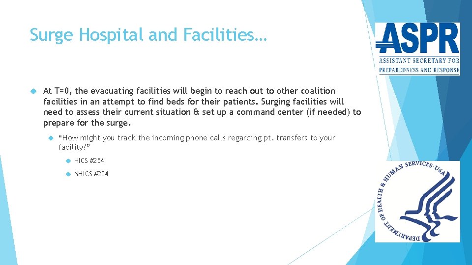 Surge Hospital and Facilities… At T=0, the evacuating facilities will begin to reach out