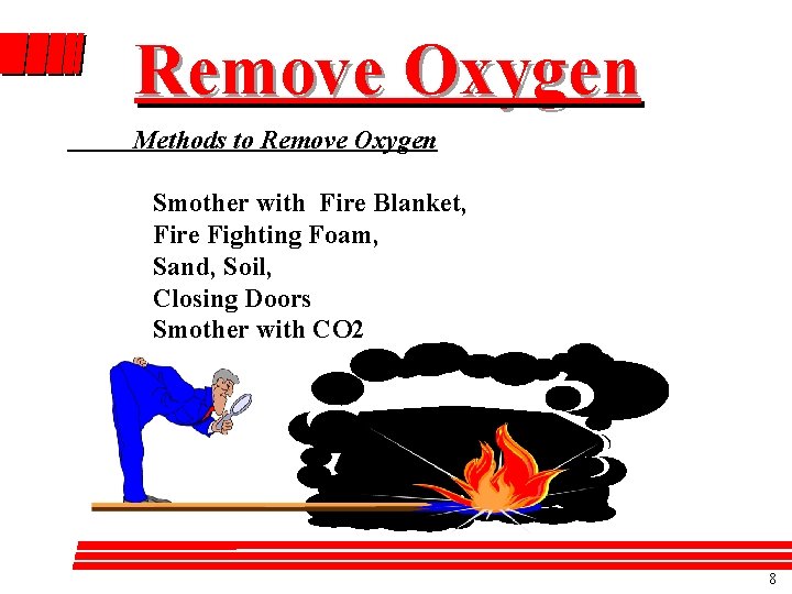 Remove Oxygen Methods to Remove Oxygen Smother with Fire Blanket, Fire Fighting Foam, Sand,