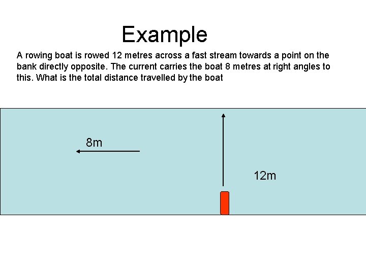 Example A rowing boat is rowed 12 metres across a fast stream towards a