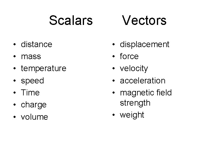 Scalars • • distance mass temperature speed Time charge volume Vectors • • •