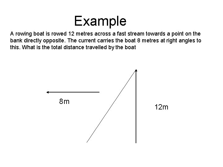 Example A rowing boat is rowed 12 metres across a fast stream towards a