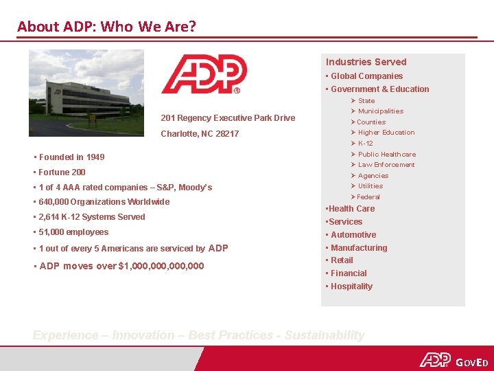 About ADP: Who We Are? Industries Served • Global Companies • Government & Education