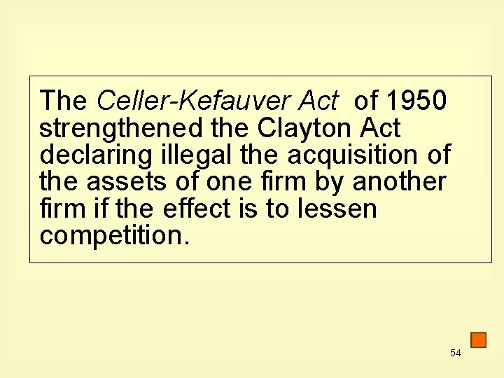 The Celler-Kefauver Act of 1950 strengthened the Clayton Act declaring illegal the acquisition of