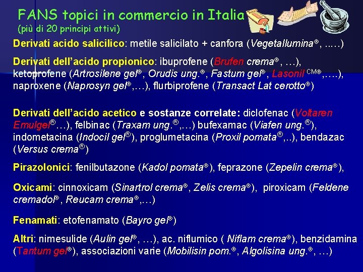 FANS topici in commercio in Italia (più di 20 principi attivi) Derivati acido salicilico: