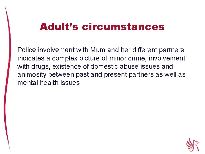 Adult’s circumstances Police involvement with Mum and her different partners indicates a complex picture