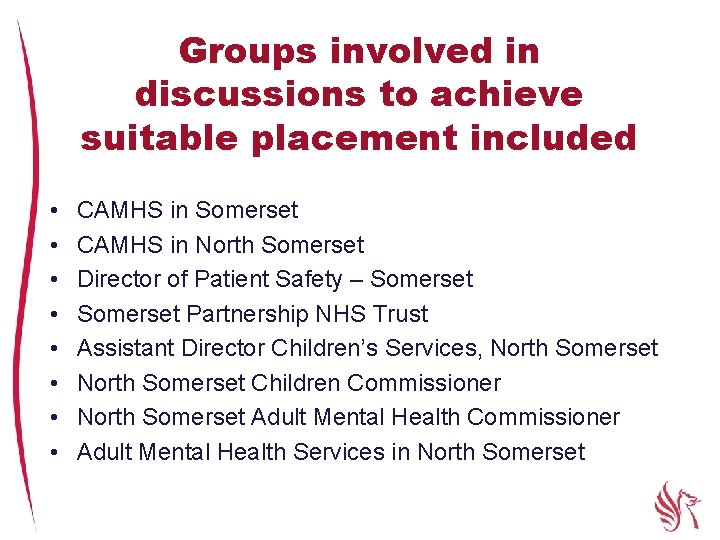 Groups involved in discussions to achieve suitable placement included • • CAMHS in Somerset