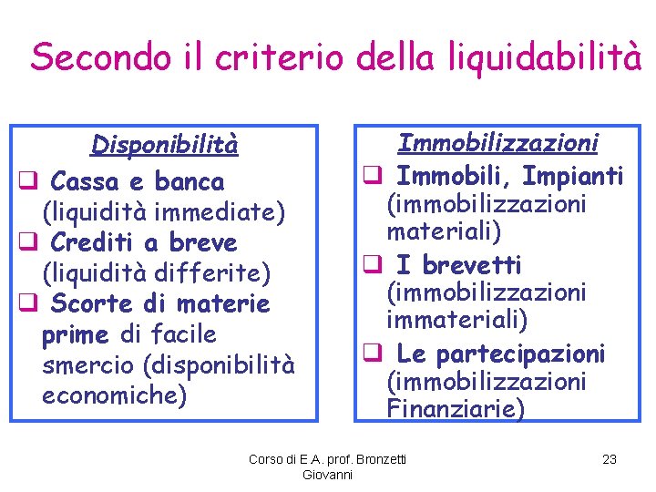 Secondo il criterio della liquidabilità Disponibilità q Cassa e banca (liquidità immediate) q Crediti