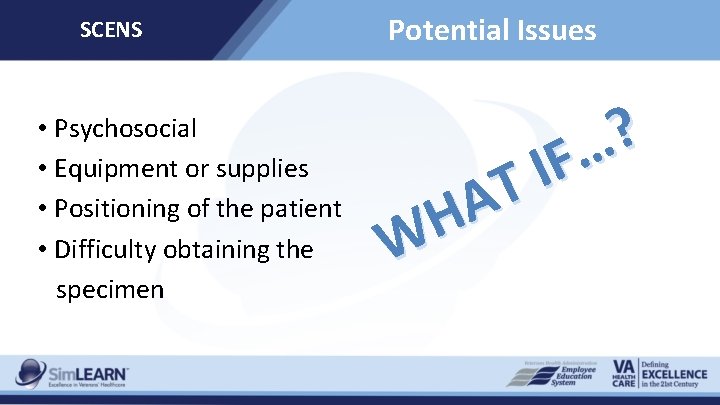 SCENS • Psychosocial • Equipment or supplies • Positioning of the patient • Difficulty SCENS • Psychosocial • Equipment or supplies • Positioning of the patient • Difficulty