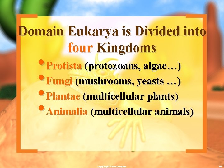 Domain Eukarya is Divided into four Kingdoms • Protista (protozoans, algae…) • Fungi (mushrooms, Domain Eukarya is Divided into four Kingdoms • Protista (protozoans, algae…) • Fungi (mushrooms,