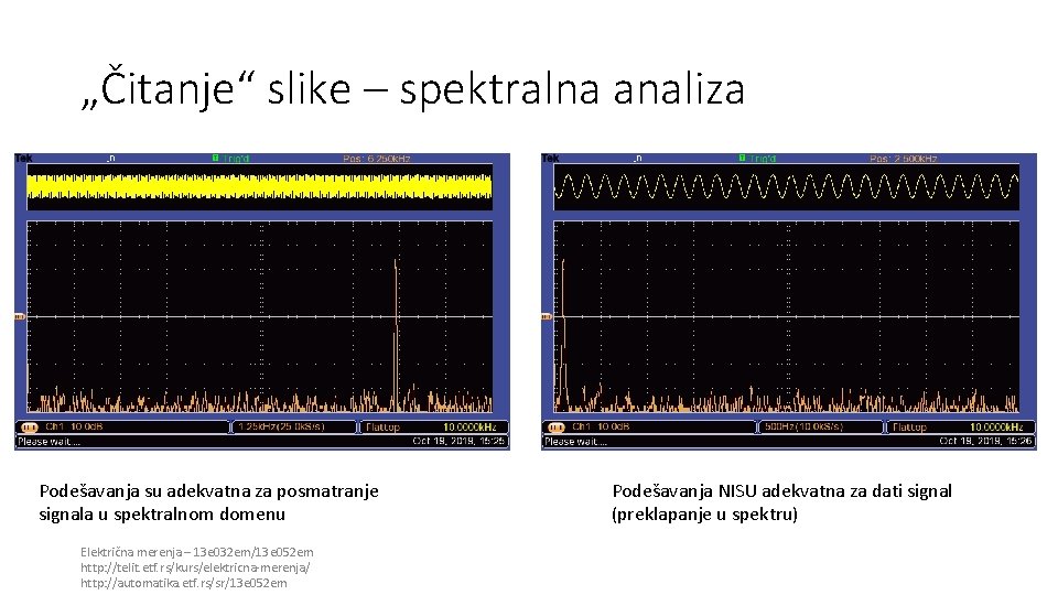 „Čitanje“ slike – spektralna analiza Podešavanja su adekvatna za posmatranje signala u spektralnom domenu „Čitanje“ slike – spektralna analiza Podešavanja su adekvatna za posmatranje signala u spektralnom domenu