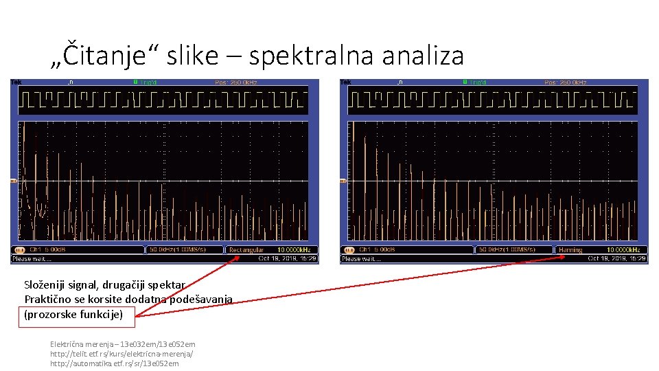 „Čitanje“ slike – spektralna analiza Složeniji signal, drugačiji spektar Praktično se korsite dodatna podešavanja „Čitanje“ slike – spektralna analiza Složeniji signal, drugačiji spektar Praktično se korsite dodatna podešavanja