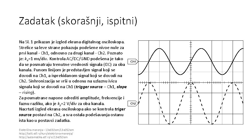 Zadatak (skorašnji, ispitni) Na Sl. 1 prikazan je izgled ekrana digitalnog osciloskopa. Strelice sa Zadatak (skorašnji, ispitni) Na Sl. 1 prikazan je izgled ekrana digitalnog osciloskopa. Strelice sa