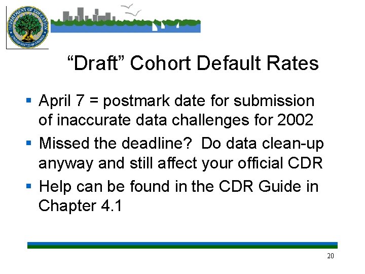 “Draft” Cohort Default Rates § April 7 = postmark date for submission of inaccurate