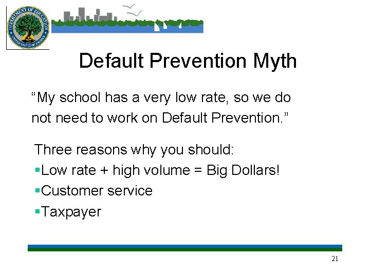 Default Prevention Myth “My school has a very low rate, so we do not