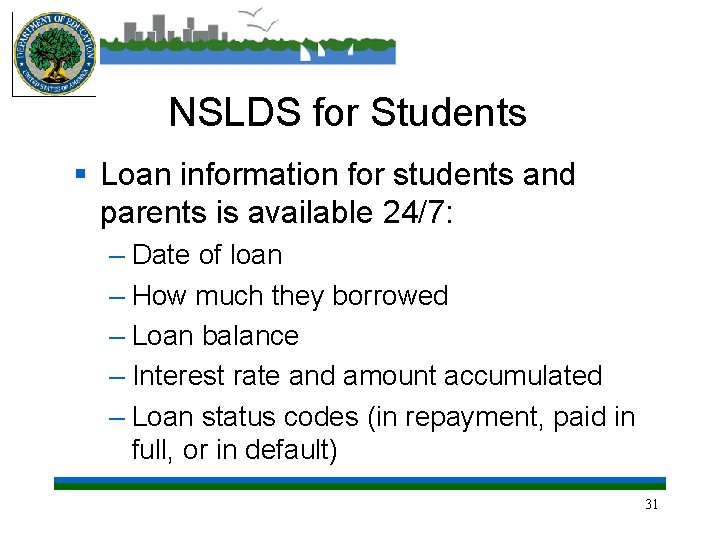 NSLDS for Students § Loan information for students and parents is available 24/7: –