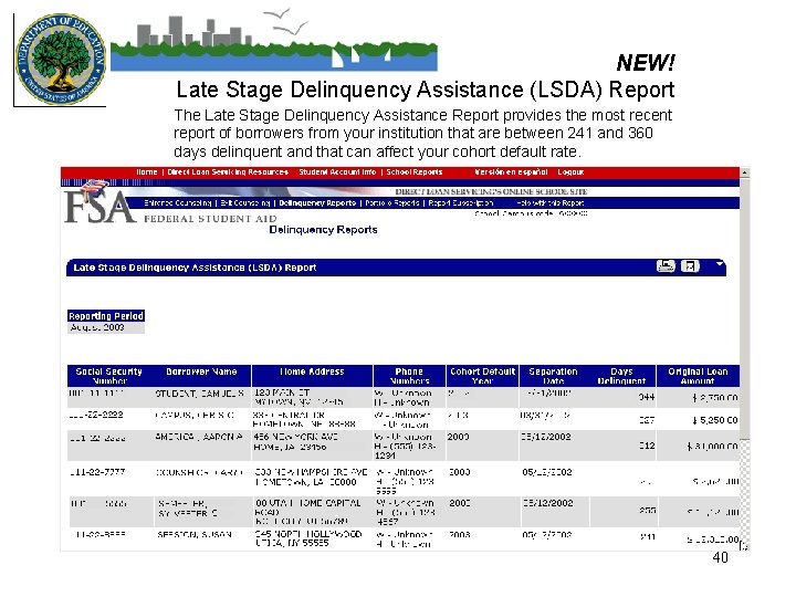 NEW! Late Stage Delinquency Assistance (LSDA) Report The Late Stage Delinquency Assistance Report provides