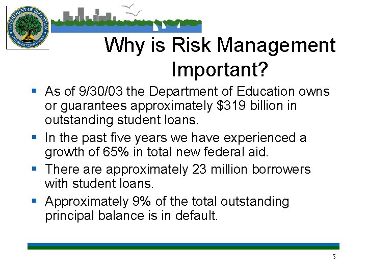 Why is Risk Management Important? § As of 9/30/03 the Department of Education owns