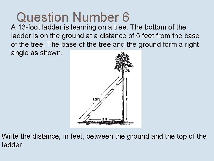 Question Number 6 A 13 -foot ladder is learning on a tree. The bottom