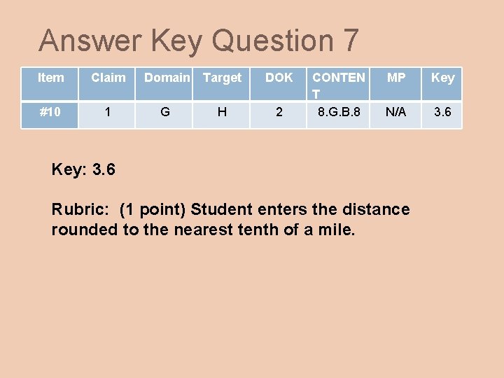 Answer Key Question 7 Item Claim Domain Target DOK #10 1 G H 2