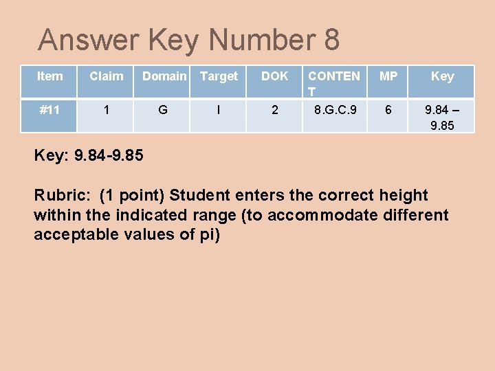 Answer Key Number 8 Item Claim Domain Target DOK #11 1 G I 2